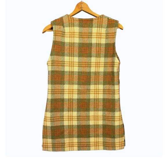 Vintage 1960s Mr. Leonard Wool Vest Green Orange Plaid Sleeveless Button Front - Picture 5 of 5